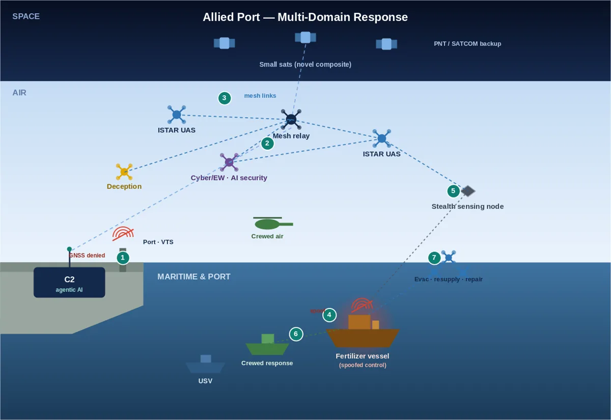 Multi-domain concept of operations across space-enabled support, air, mesh relay, cyber security, port and maritime systems.